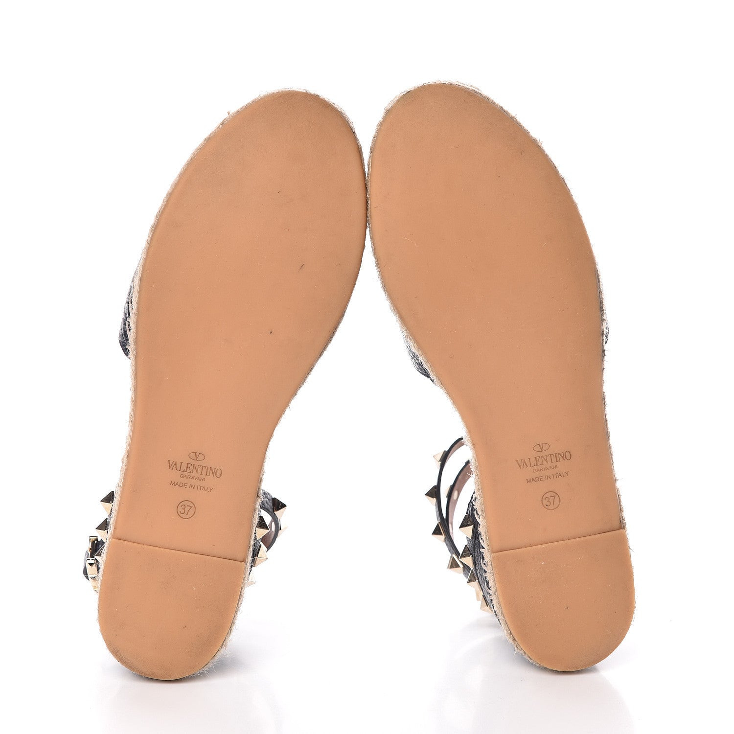 Valentino Garavani Grained Calfskin Rockstud Ankle Wrap Espadrille 20mm Flats 37 Black Light Cuir Natural 7 of 10