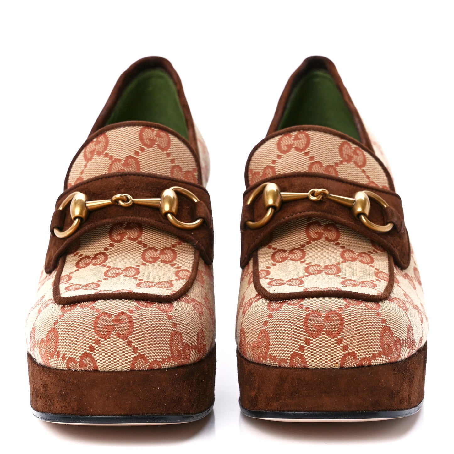 GG Monogram Suede Houdan Mid Heel Platform Loafers 39 Beige Ruggine Maroon