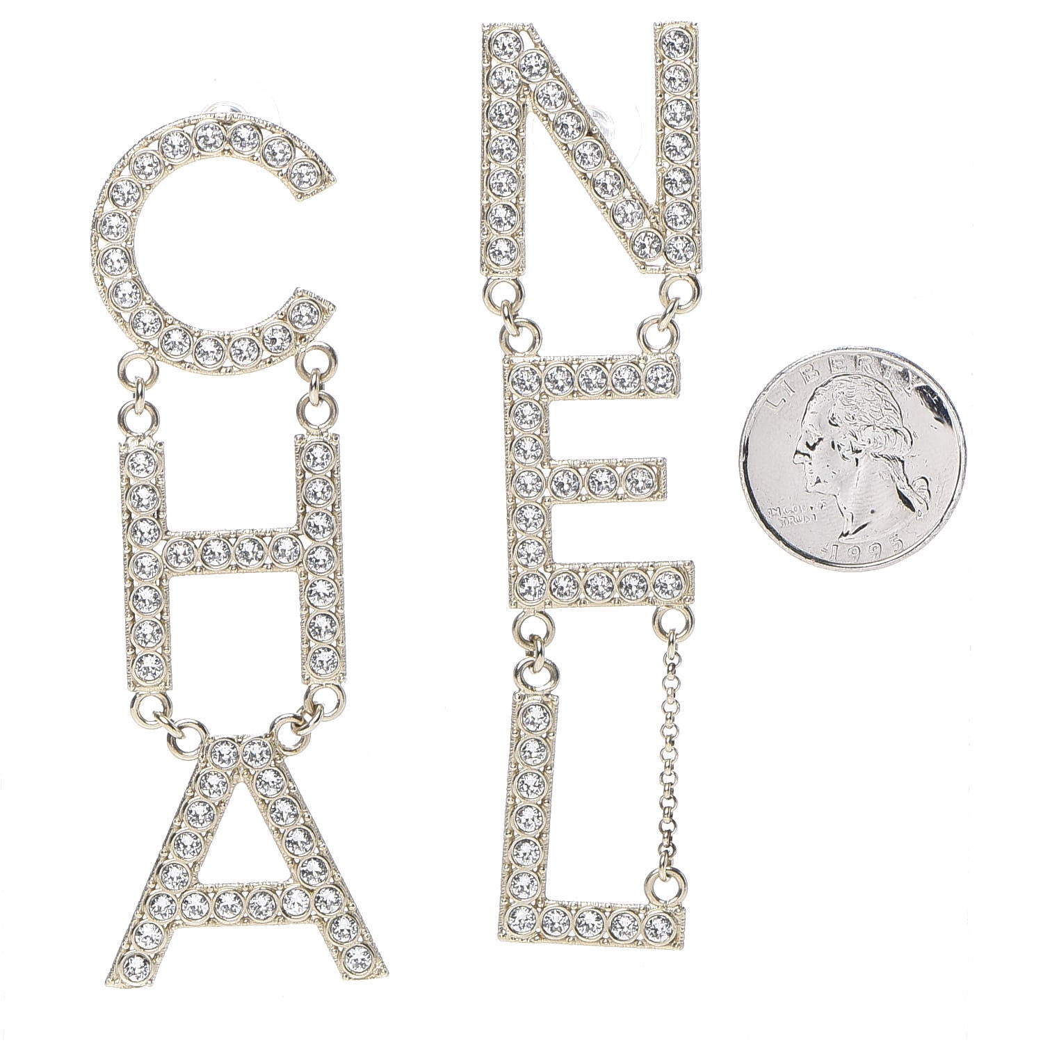 Chanel Crystal Cha-Nel Logo Drop Earrings Gold 2 of 5