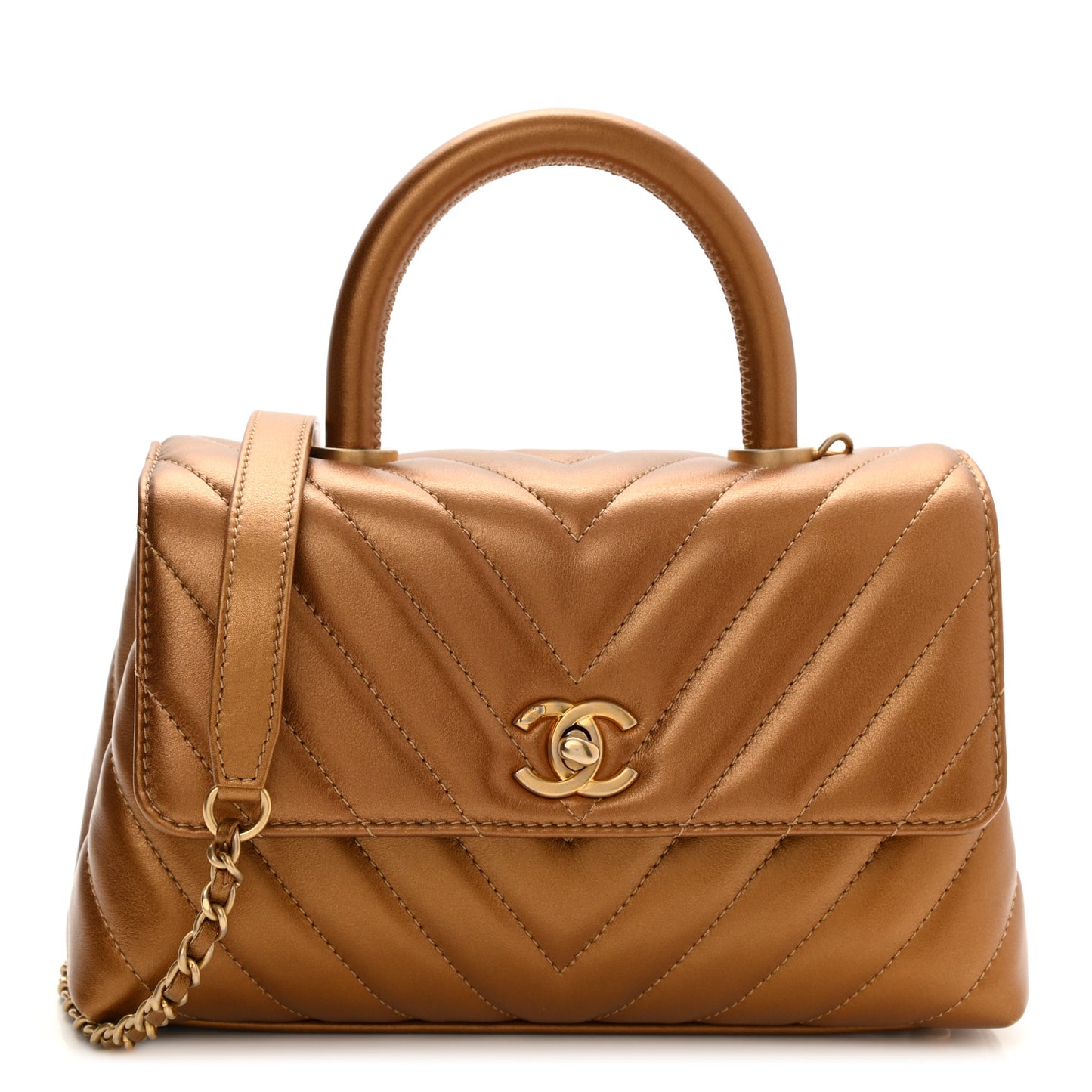 Metallic Calfskin Chevron Quilted Mini Coco Handle Flap Gold