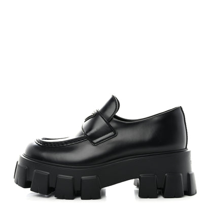 Prada Spazzolato Rois Metal Triangle Logo Monolith 55mm Loafers 38 Black 1 of 8