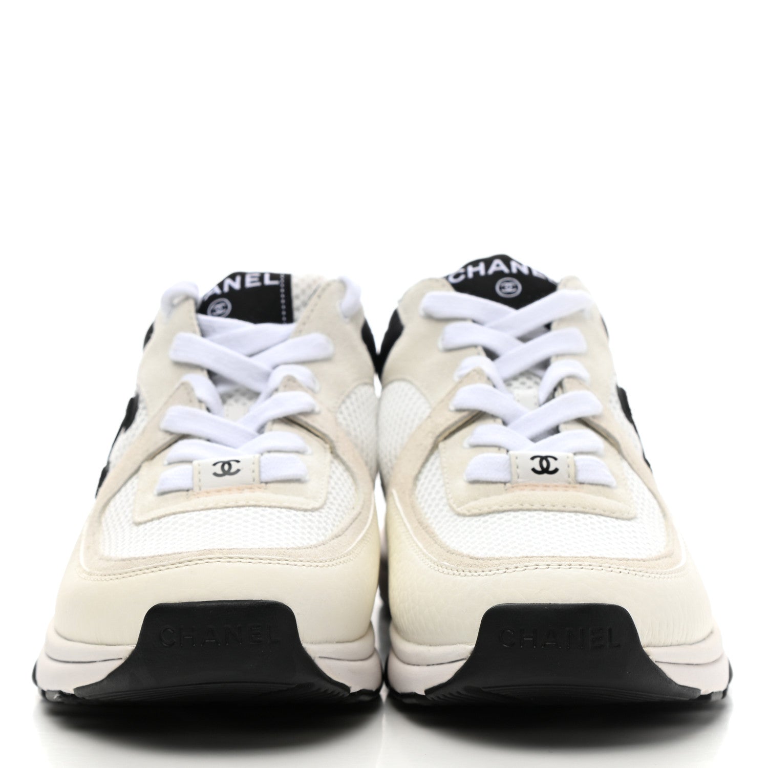 Chanel Mesh Suede Calfskin Grained Calfskin Womens CC Sneakers 37.5 White Black 2 of 10