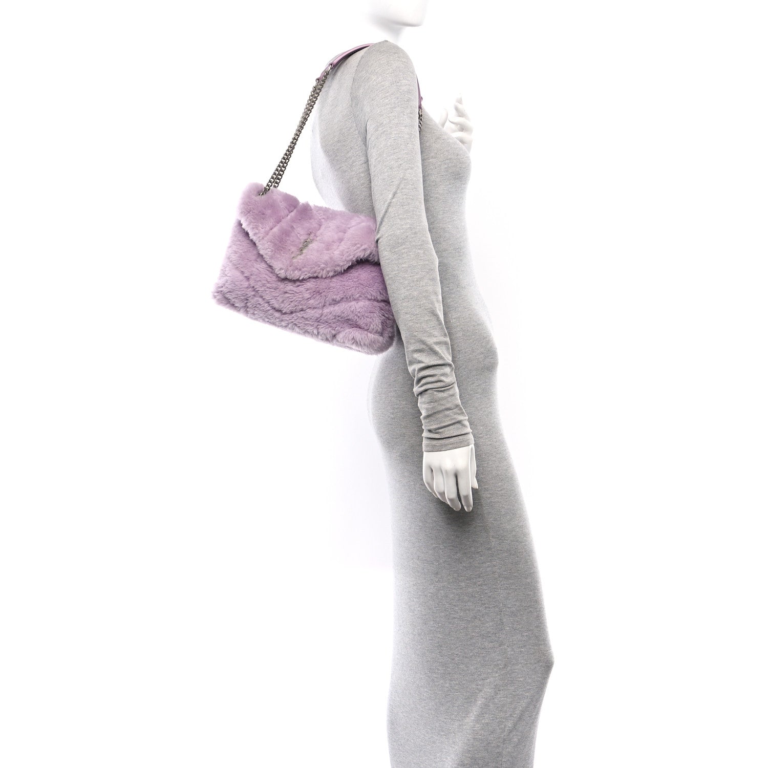 Saint Laurent Merino Shearling Lambskin Quilted Small Loulou Puffer Monogram Chain Satchel Glycine 2 of 11