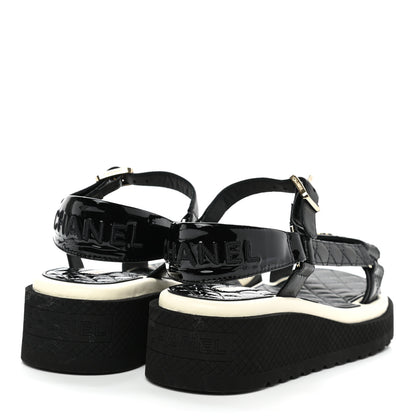 Chanel Lambskin Patent Logo Platform Sandals 36 Black 4 of 8