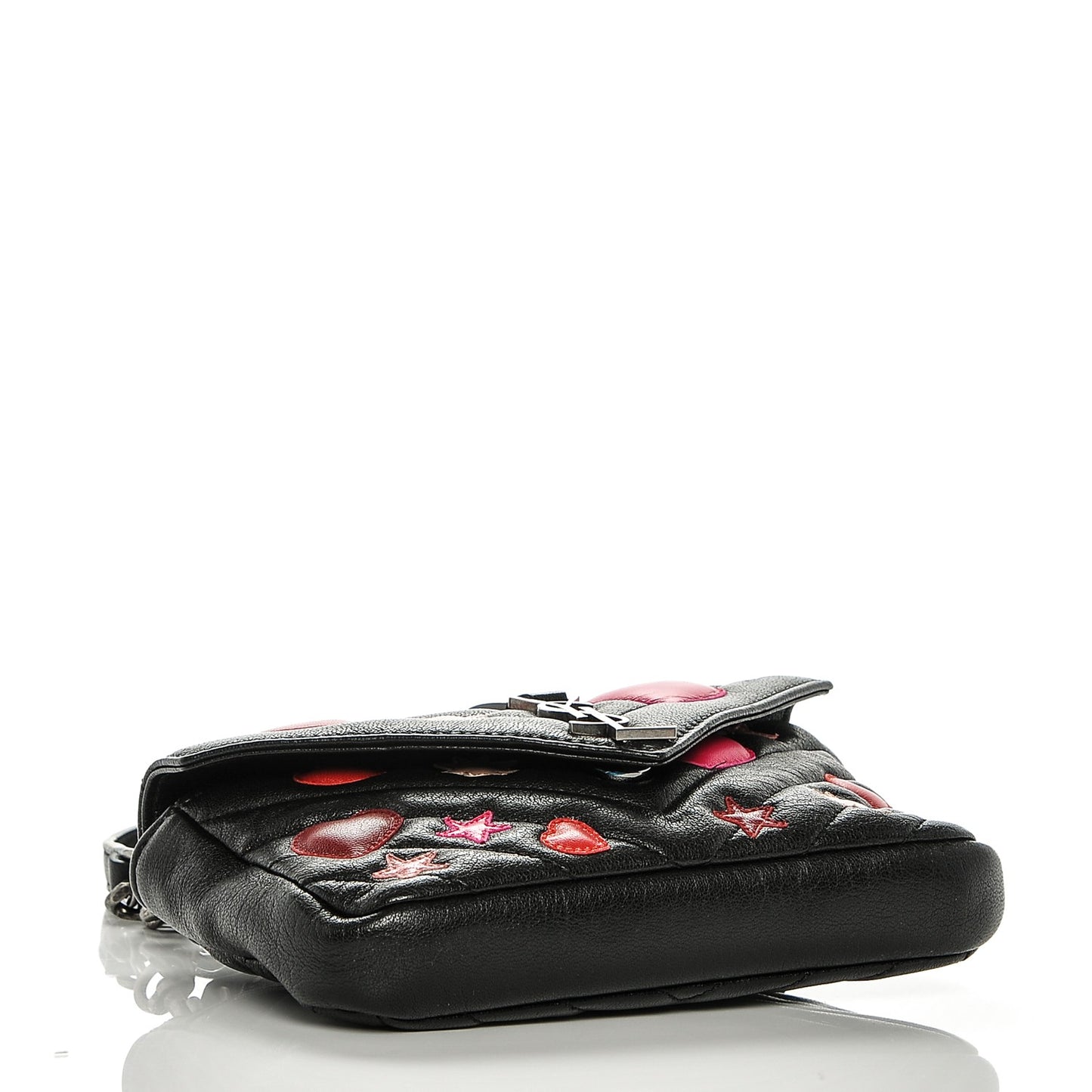 Calfskin Matelasse Chevron Heart Patchwork Monogram College Chain Wallet Black