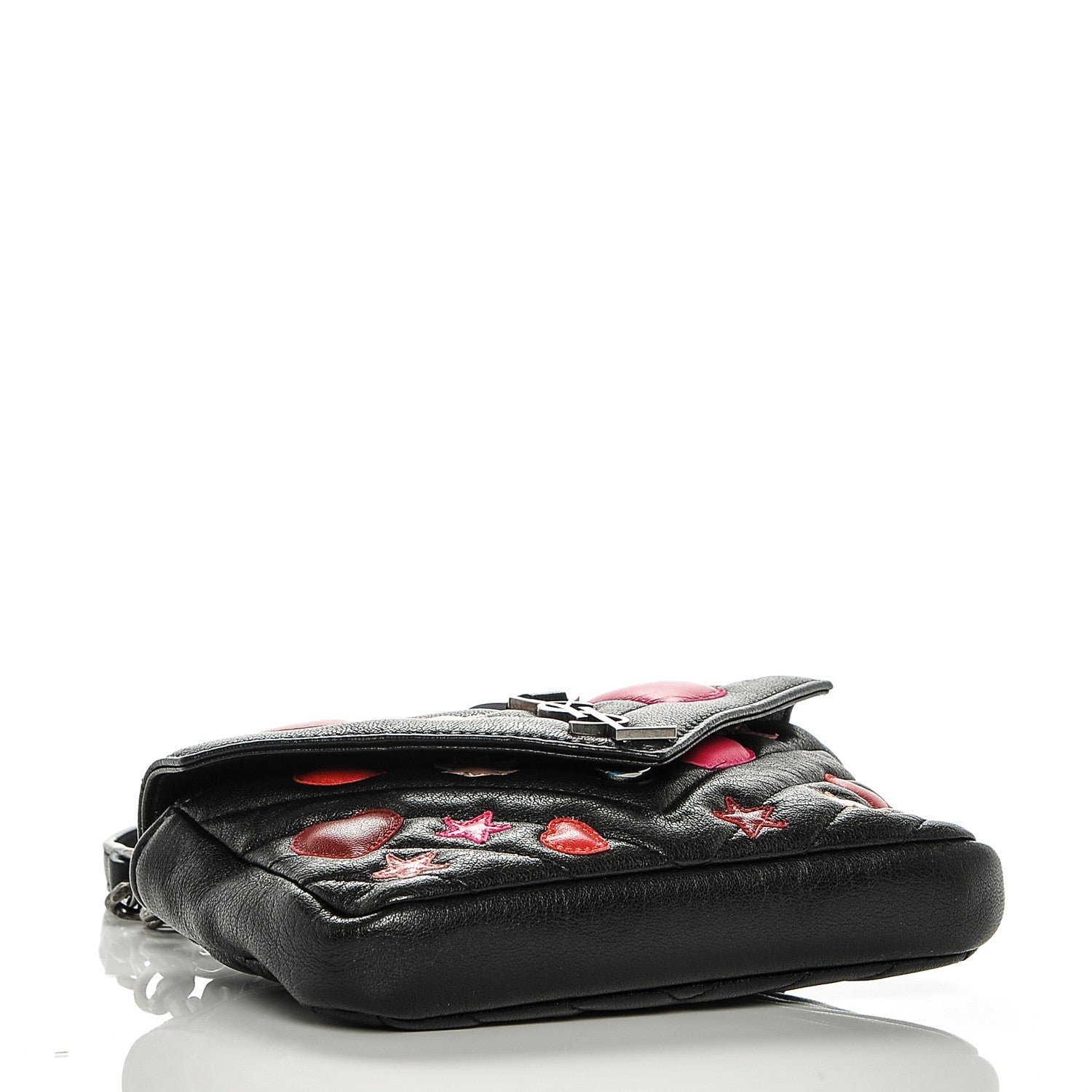 Saint Laurent Calfskin Matelasse Chevron Heart Patchwork Monogram College Chain Wallet Black 4 of 6
