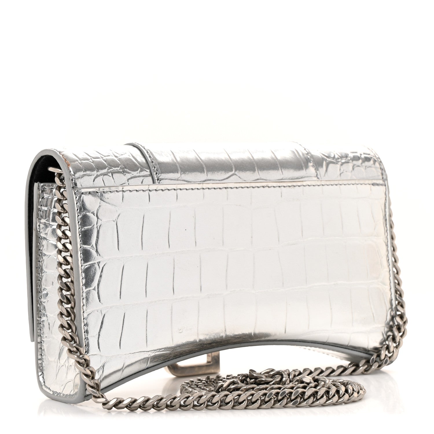 Balenciaga Metallic Calfskin Crocodile Embossed Hourglass Chain Bag Silver 3 of 13