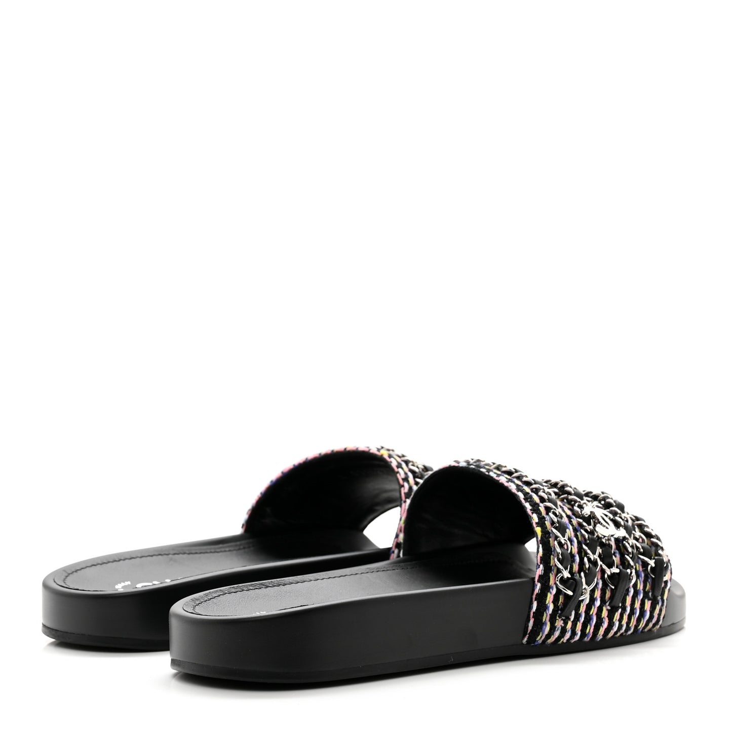 Tweed Lambskin Chain Flat Sandals 38 Black Multicolor