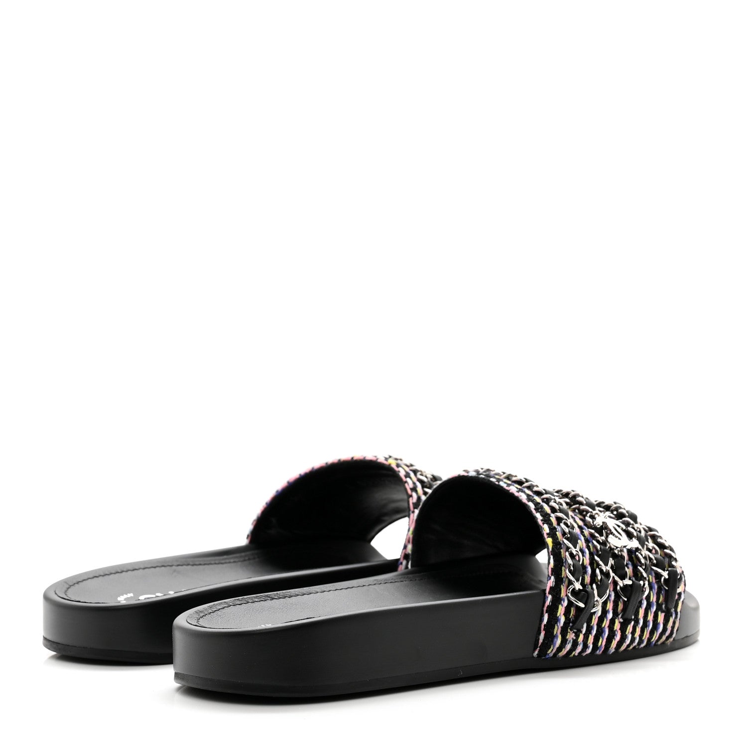 Chanel Tweed Lambskin Chain Flat Sandals 38 Black Multicolor 4 of 9