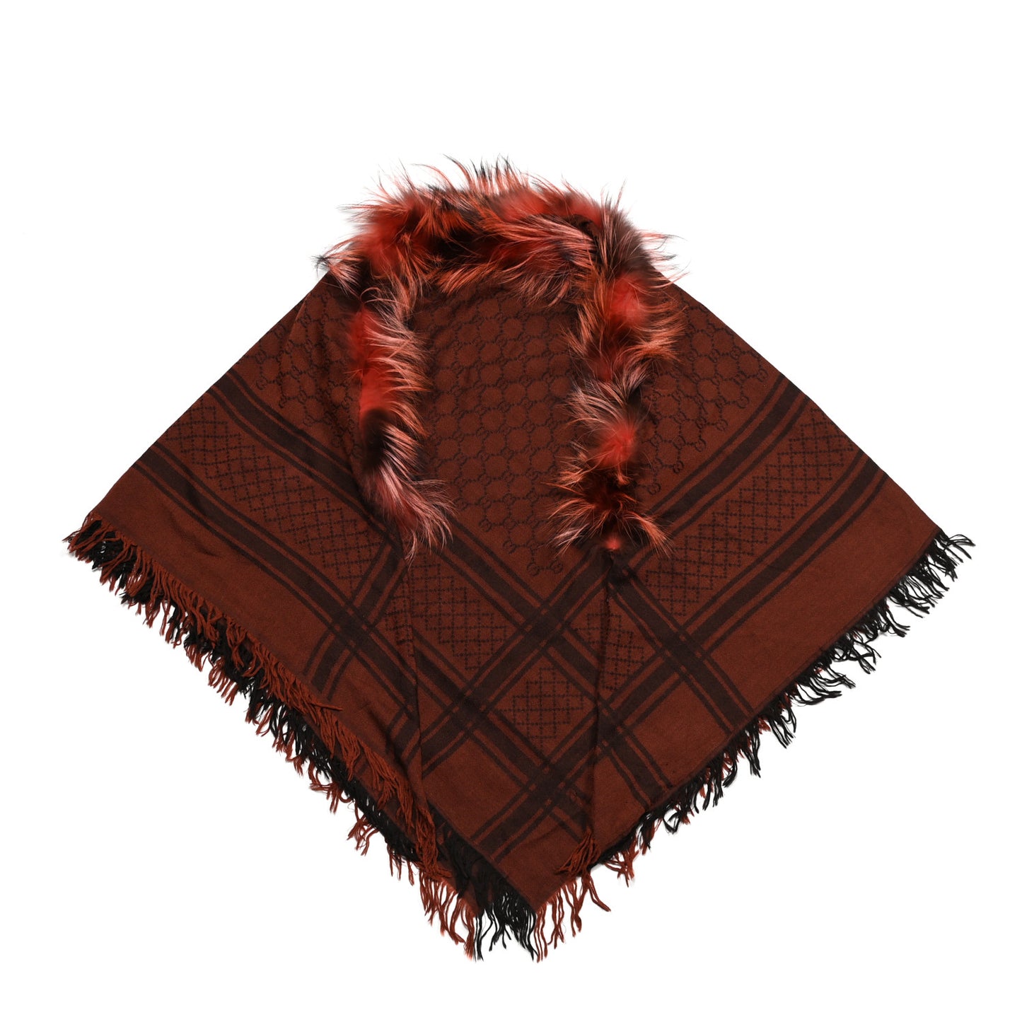 Wool Silk Fox Fur Monogram Shawl Scarf Orange Brown