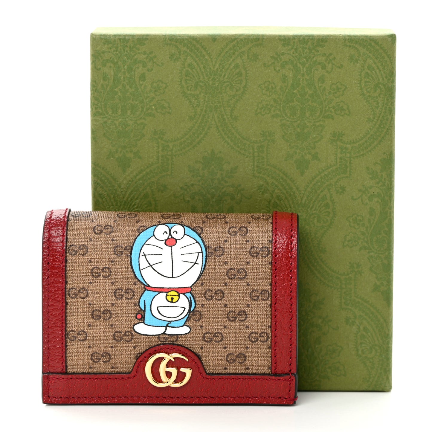 X DORAEMON Mini Vintage GG Supreme Monogram Card Case Wallet Beige Cherry Red