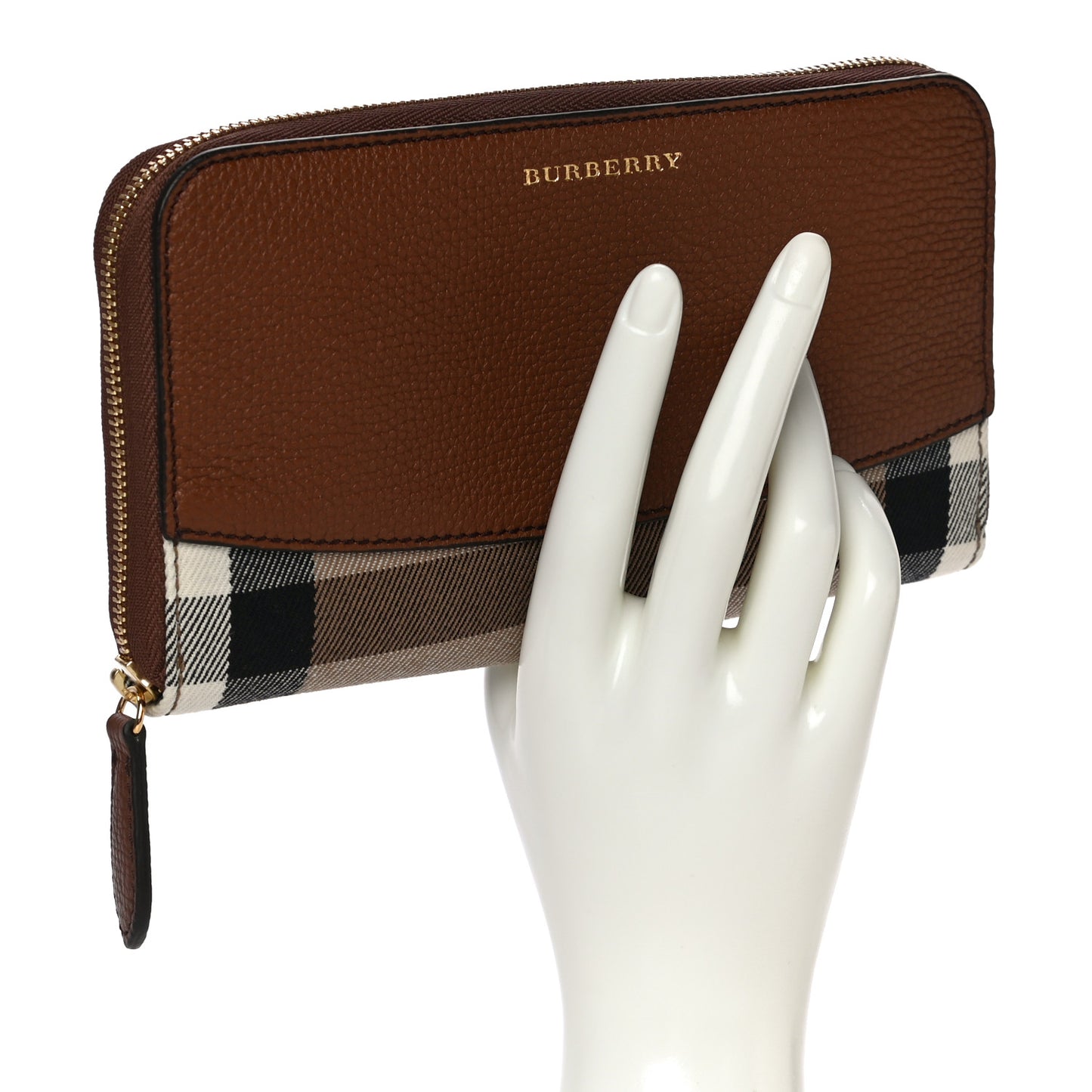 Calfskin House Check Elmore Zip Around Wallet Tan
