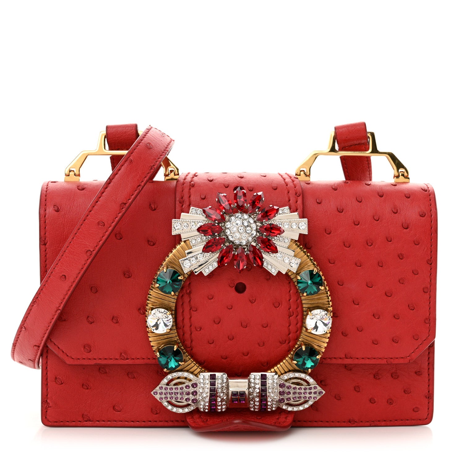 Miu Miu Ostrich Madras Soft Calf Crystal Embellished Shoulder Bag Fuoco 1 of 9
