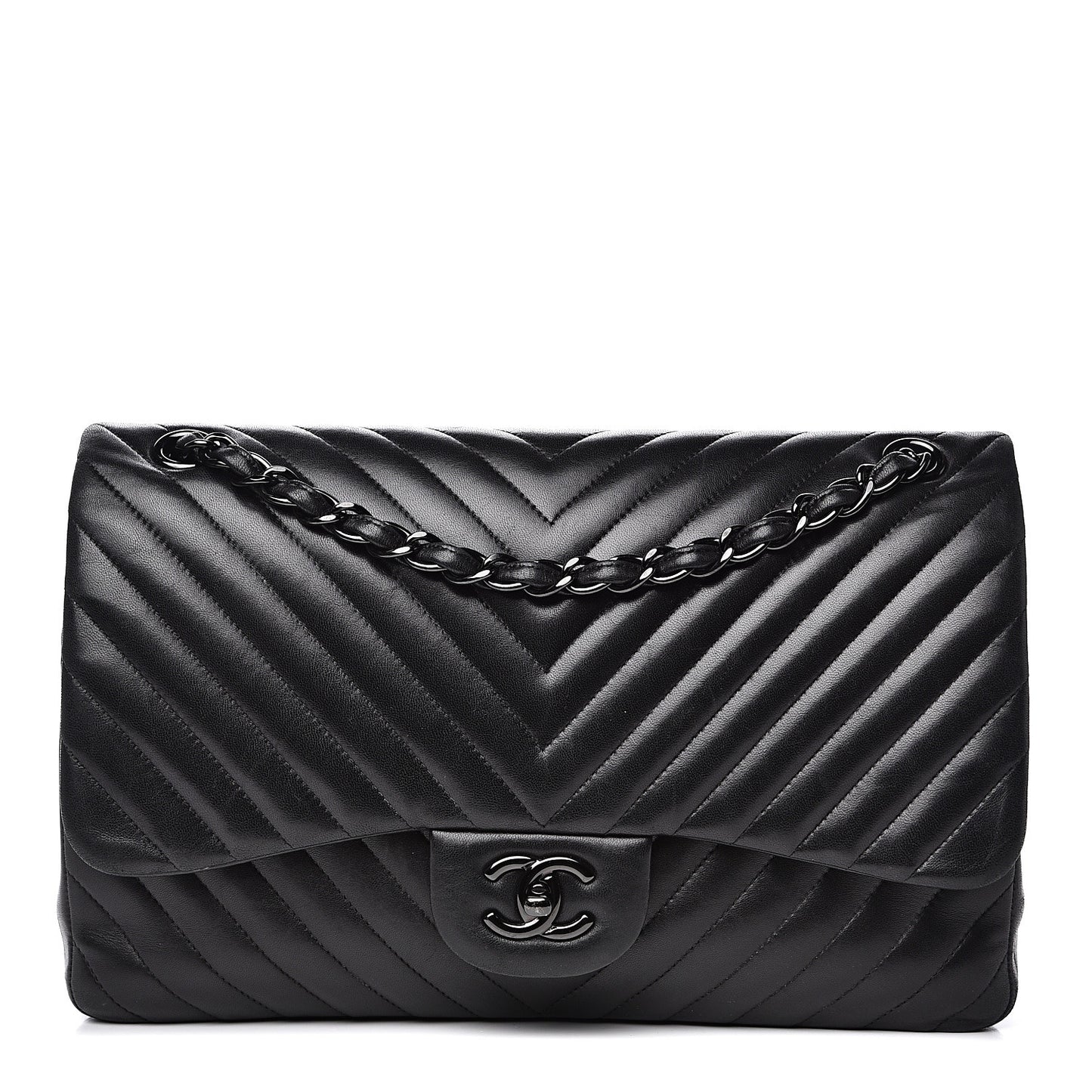 Lambskin Chevron Quilted Jumbo Double Flap So Black