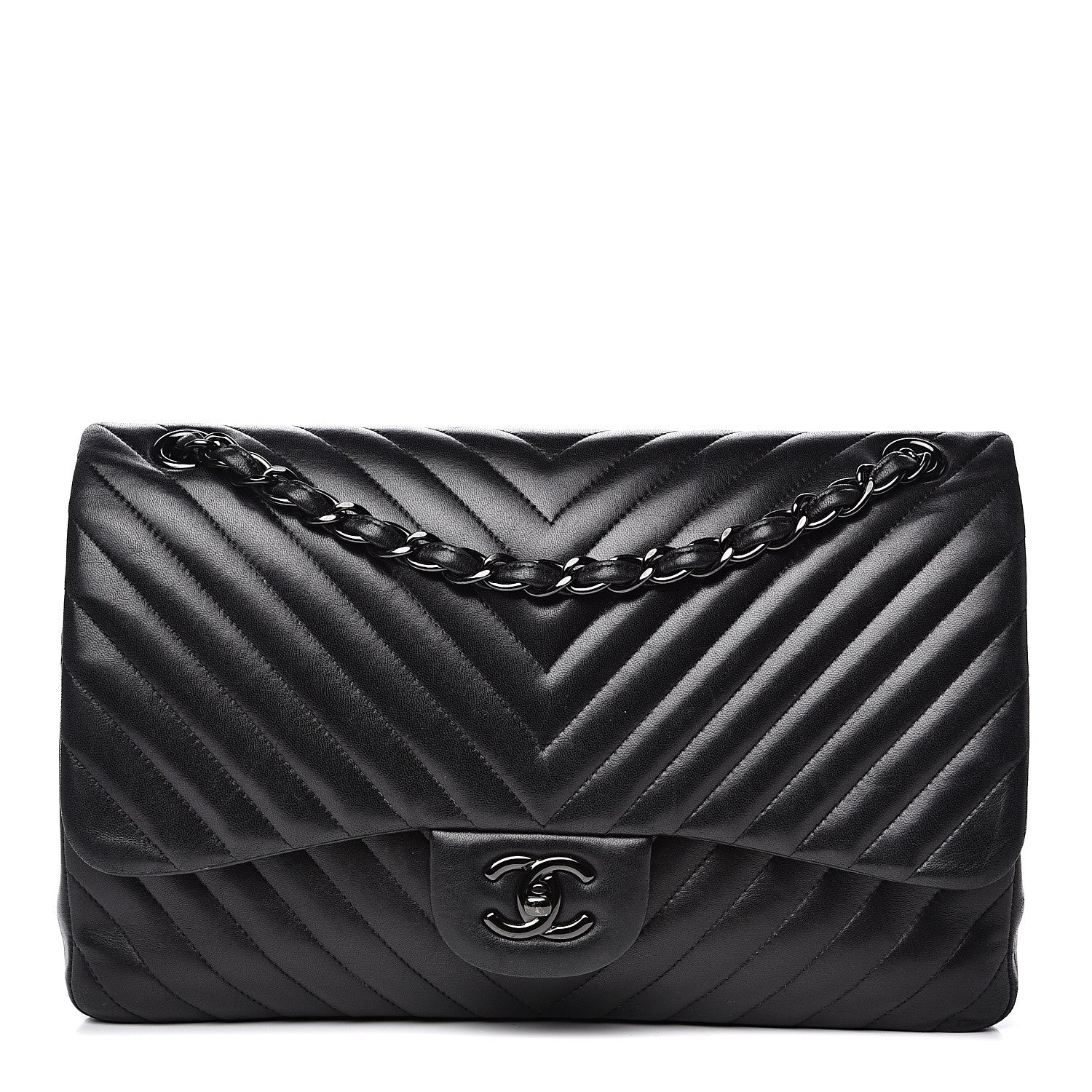 Chanel Lambskin Chevron Quilted Jumbo Double Flap So Black 1 of 18