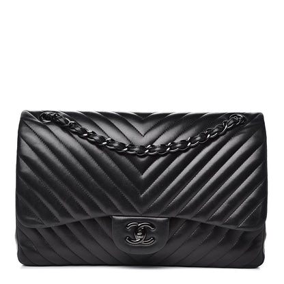 Chanel Lambskin Chevron Quilted Jumbo Double Flap So Black 1 of 18