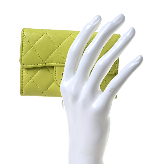 Lambskin Quilted Flap Card Holder Wallet Yellow