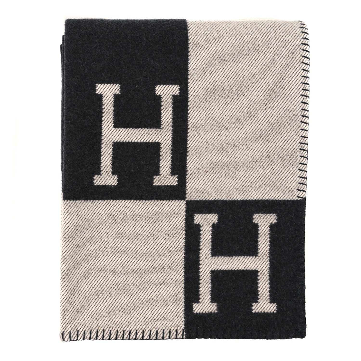 Hermes Wool Cashmere Signature Avalon Blanket Ecru Gris Fonce 1 of 3