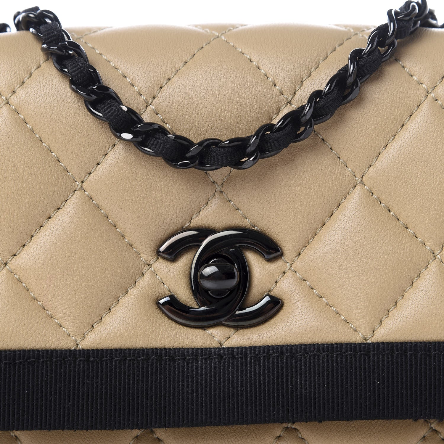 Chanel Lambskin Grosgrain Quilted Flap Beige Black 8 of 11