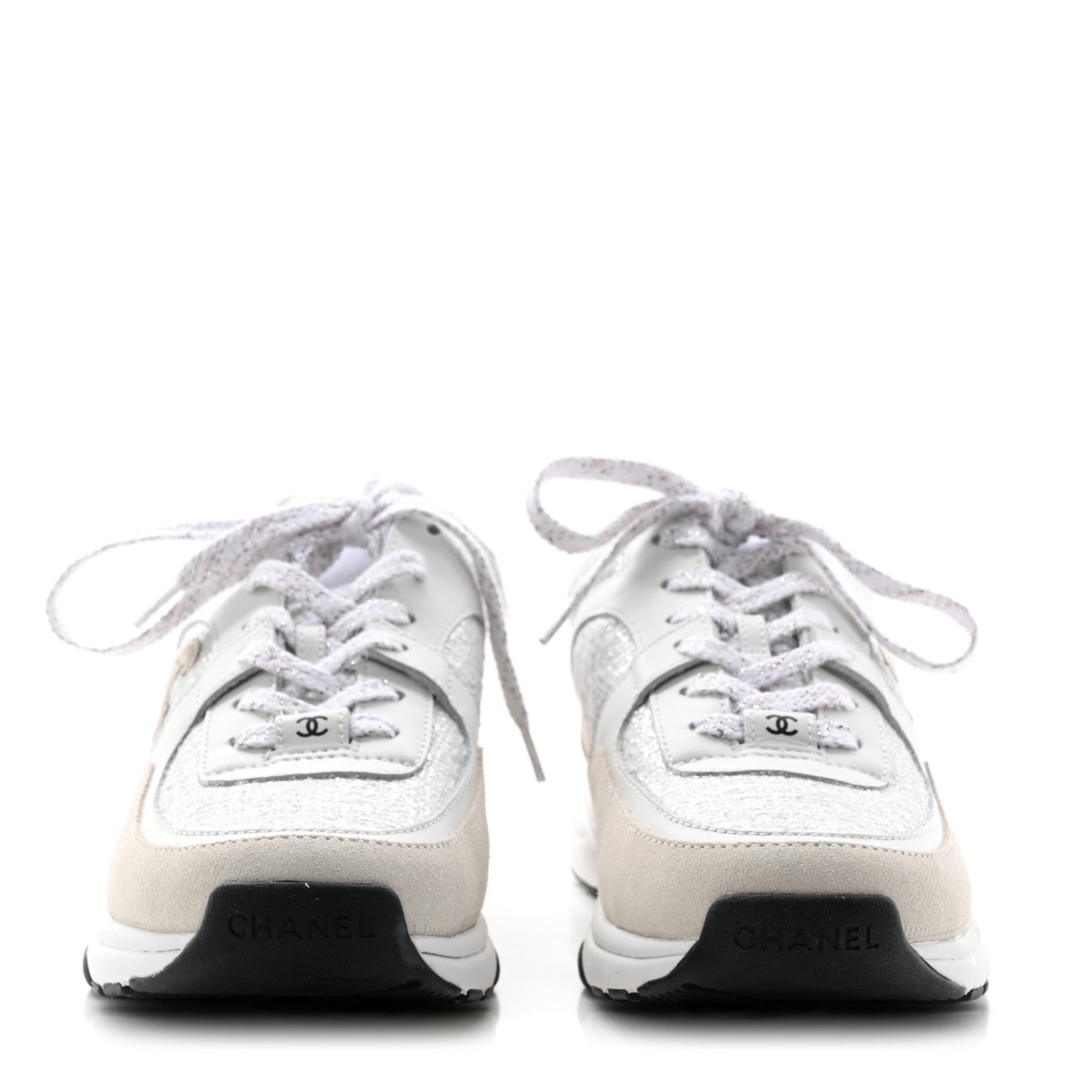 Chanel Painted Iridescent Cotton Tweed Suede Womens CC Sneakers 37 White Silver Multicolor 2 of 11