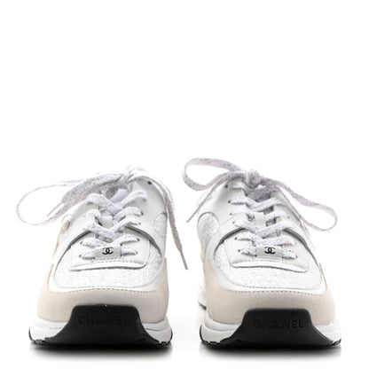 Chanel Painted Iridescent Cotton Tweed Suede Womens CC Sneakers 37 White Silver Multicolor 2 of 11