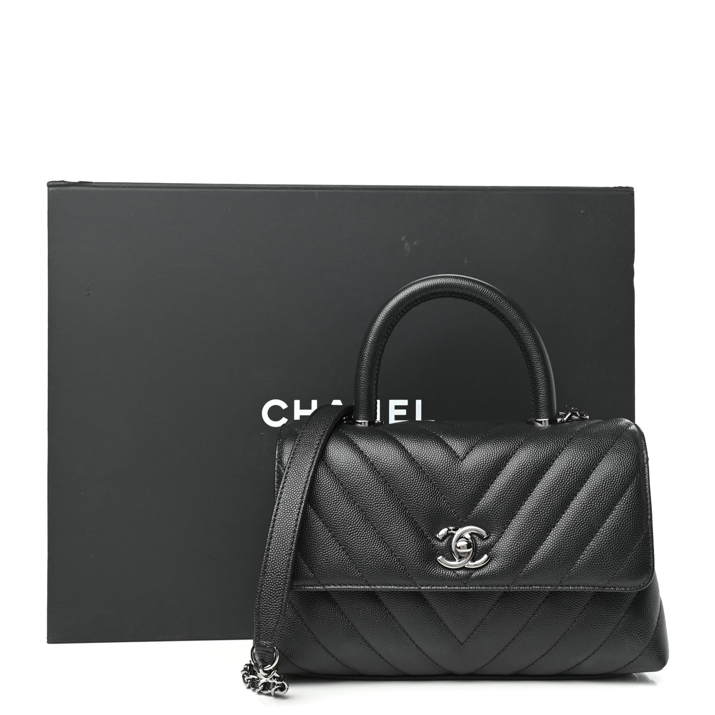 Caviar Chevron Quilted Mini Coco Handle Flap Black