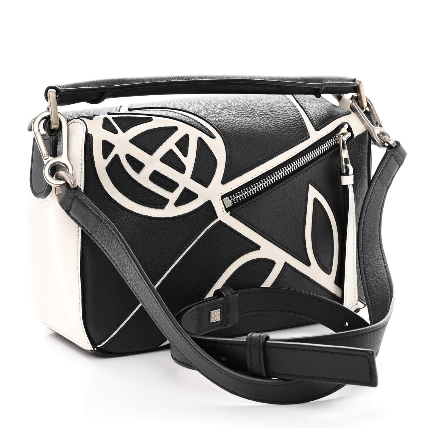 Calfskin Small Roses Puzzle Bag Black White
