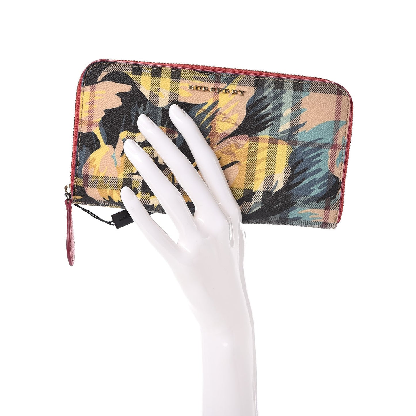 Haymarket Check Floral Print Zip Around Wallet Plum Pink Pewter Blue