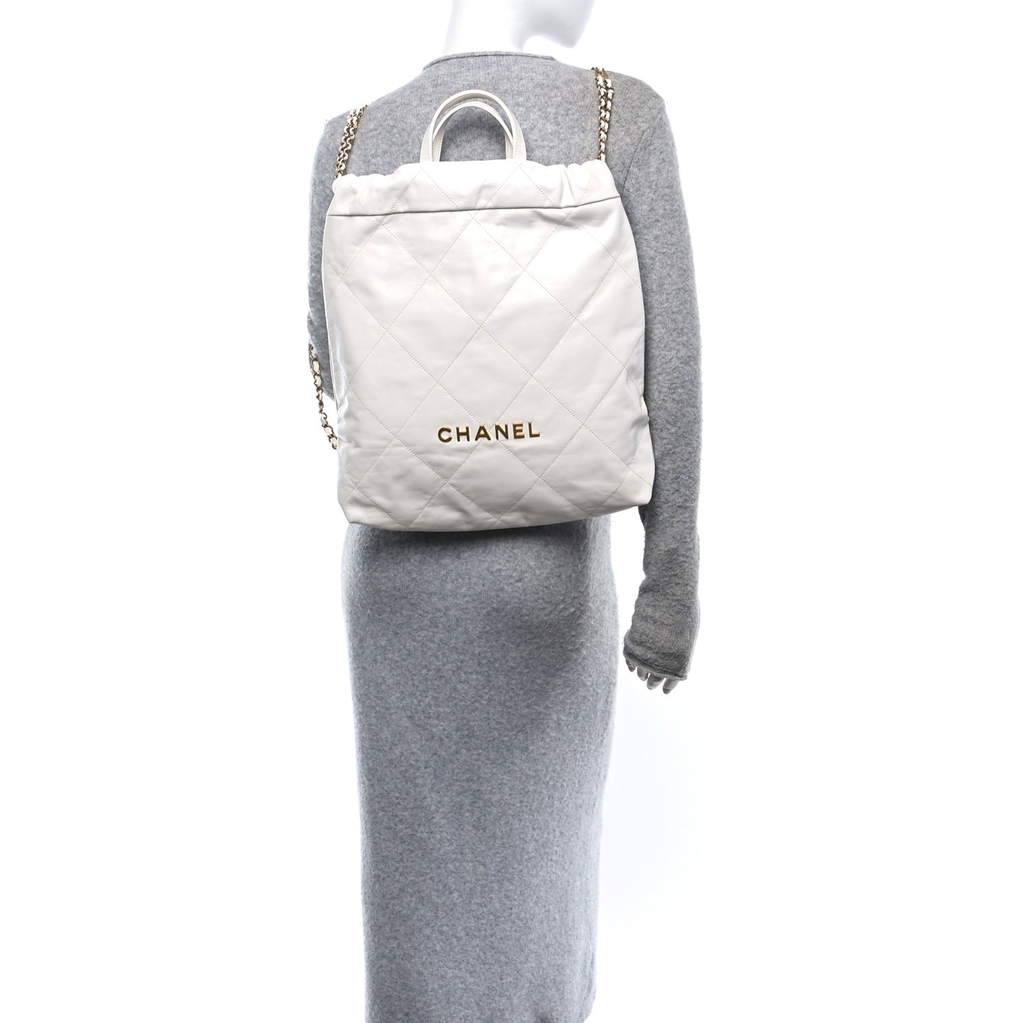 Shiny Calfskin Quilted Chanel 22 Backpack White