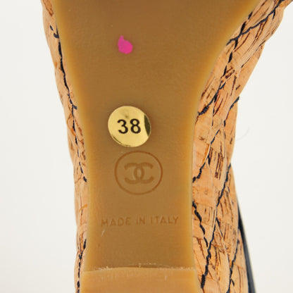 Chanel Patent Cork Quilted CC Wedge Sandals 38 Navy Blue 6 of 8