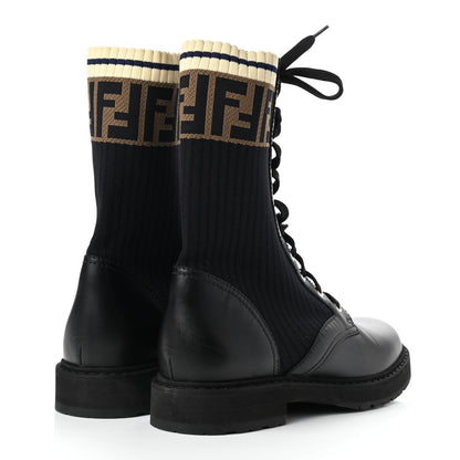 Fendi Calfskin Stretch Fabric Rockoko Biker Boots 38.5 Tobacco Black Marino 4 of 10