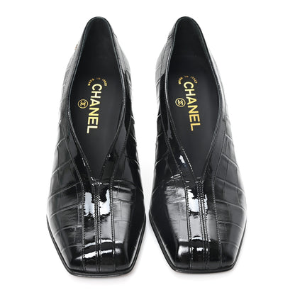 Chanel Crocodile Embossed Patent Calfskin Pumps 38 Black 3 of 10