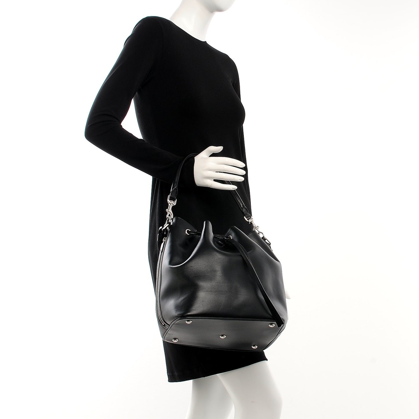 Calfskin Studded Medium Emmanuelle Bucket Bag Black
