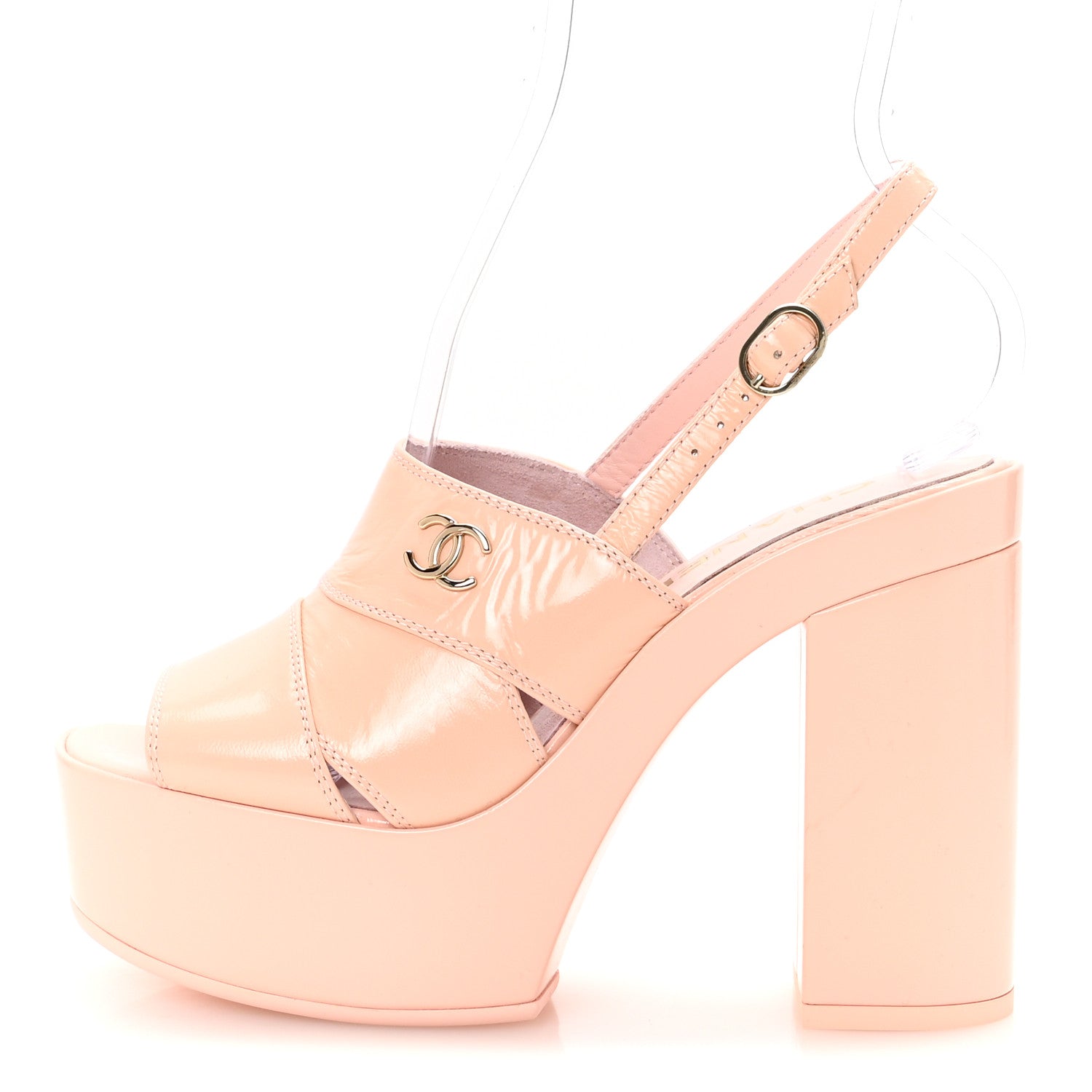 Chanel Crumpled Patent Lambskin Platform Sandals 36.5 Light Pink