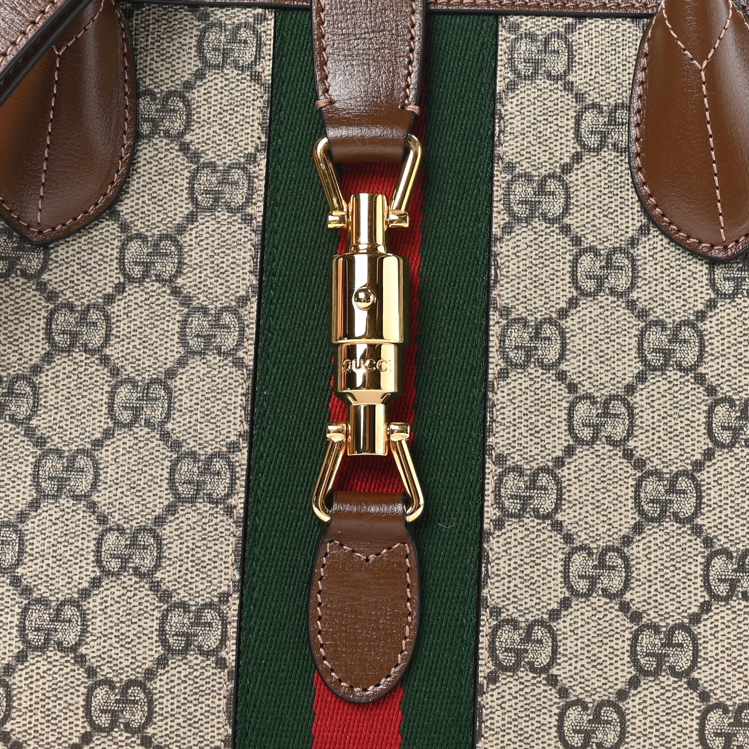 Gucci GG Supreme Monogram Azalea Calfskin Web Medium Jackie 1961 Tote Beige Ebony Brown Sugar 7 of 11