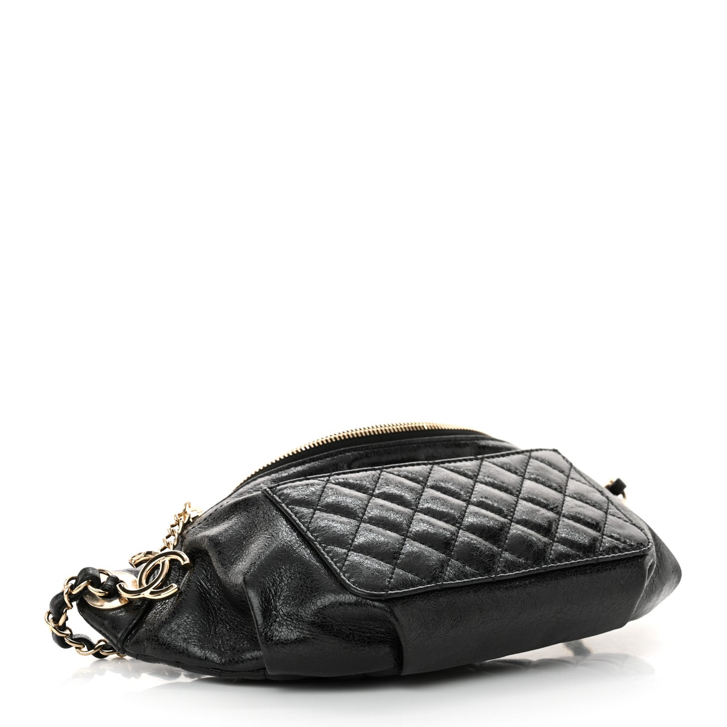 Crumpled Glazed Lambskin Quilted Waist Bag Fanny Pack Black