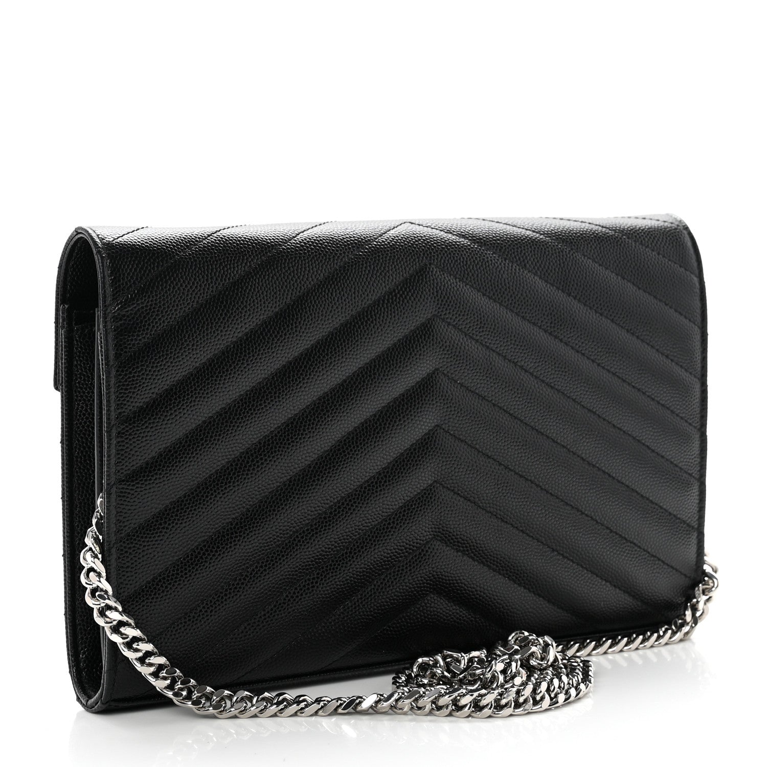 Saint Laurent Grain De Poudre Matelasse Chevron Monogram Chain Wallet Black 2 of 7