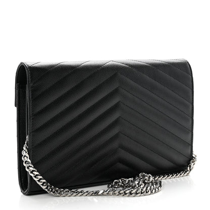 Saint Laurent Grain De Poudre Matelasse Chevron Monogram Chain Wallet Black 2 of 7