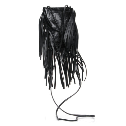 Saint Laurent Calfskin Crocodile Embossed Fringe Toy Monogram Anita Crossbody Bag Black 3 of 7