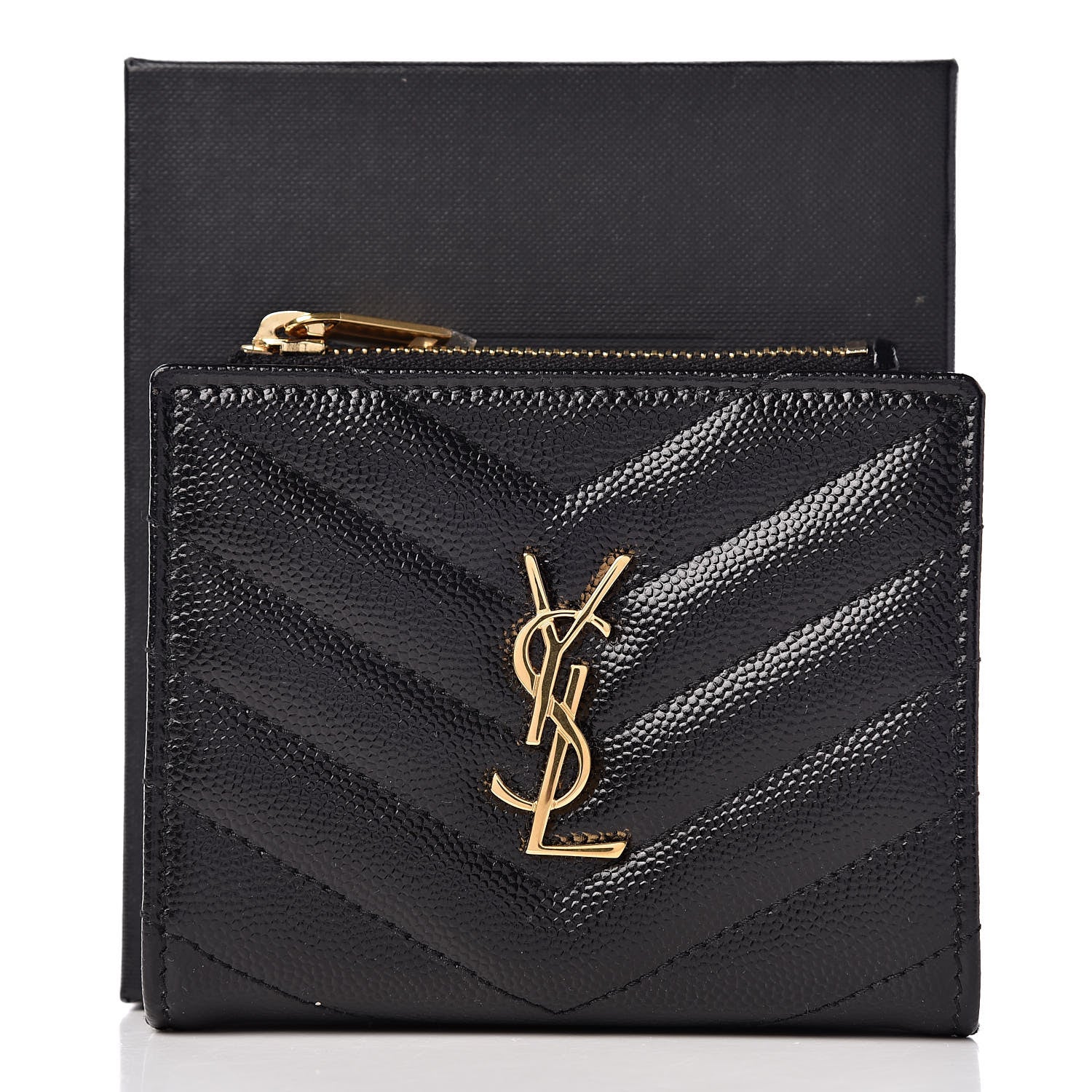 Saint Laurent Grain De Poudre Matelasse Chevron Monogram Zipped Card Case Black 8 of 8