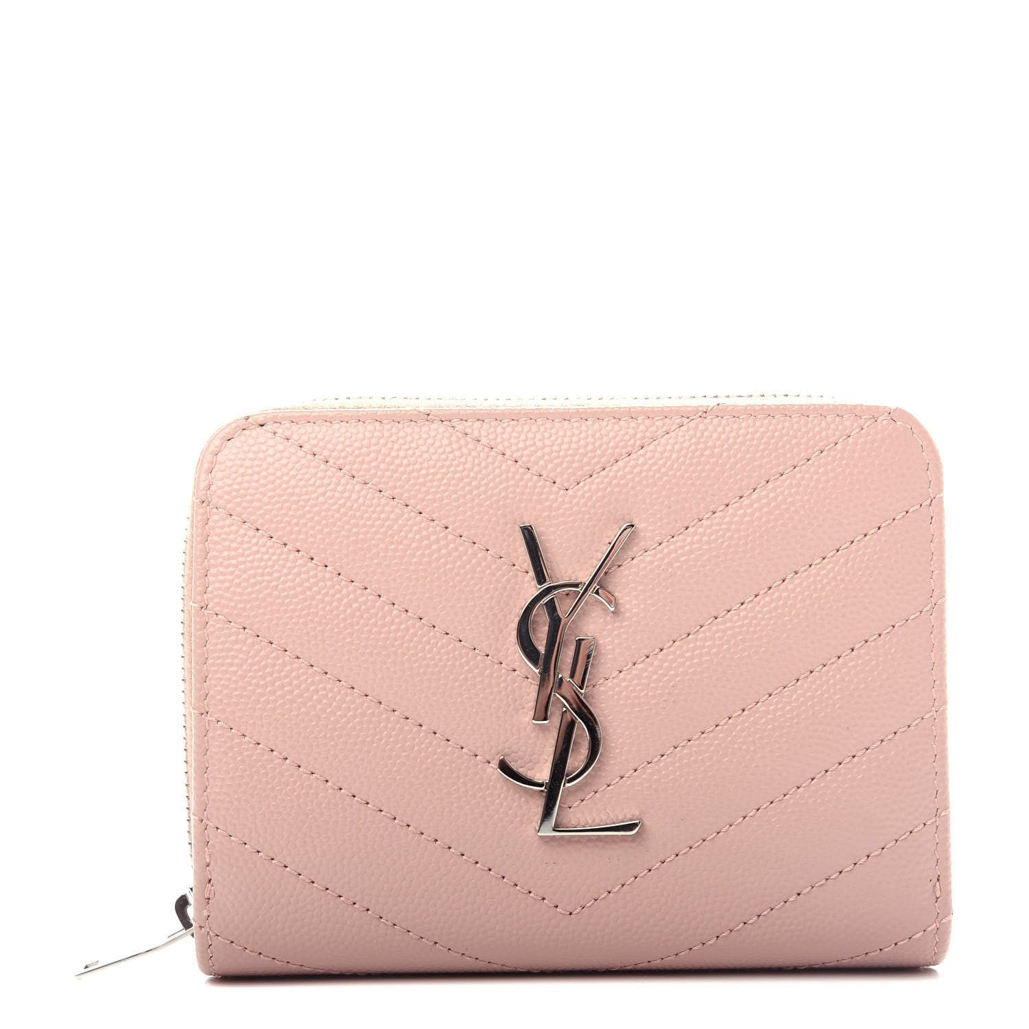 Saint Laurent Grain De Poudre Matelasse Chevron Monogram Compact Zip Around Wallet Pink 1 of 8