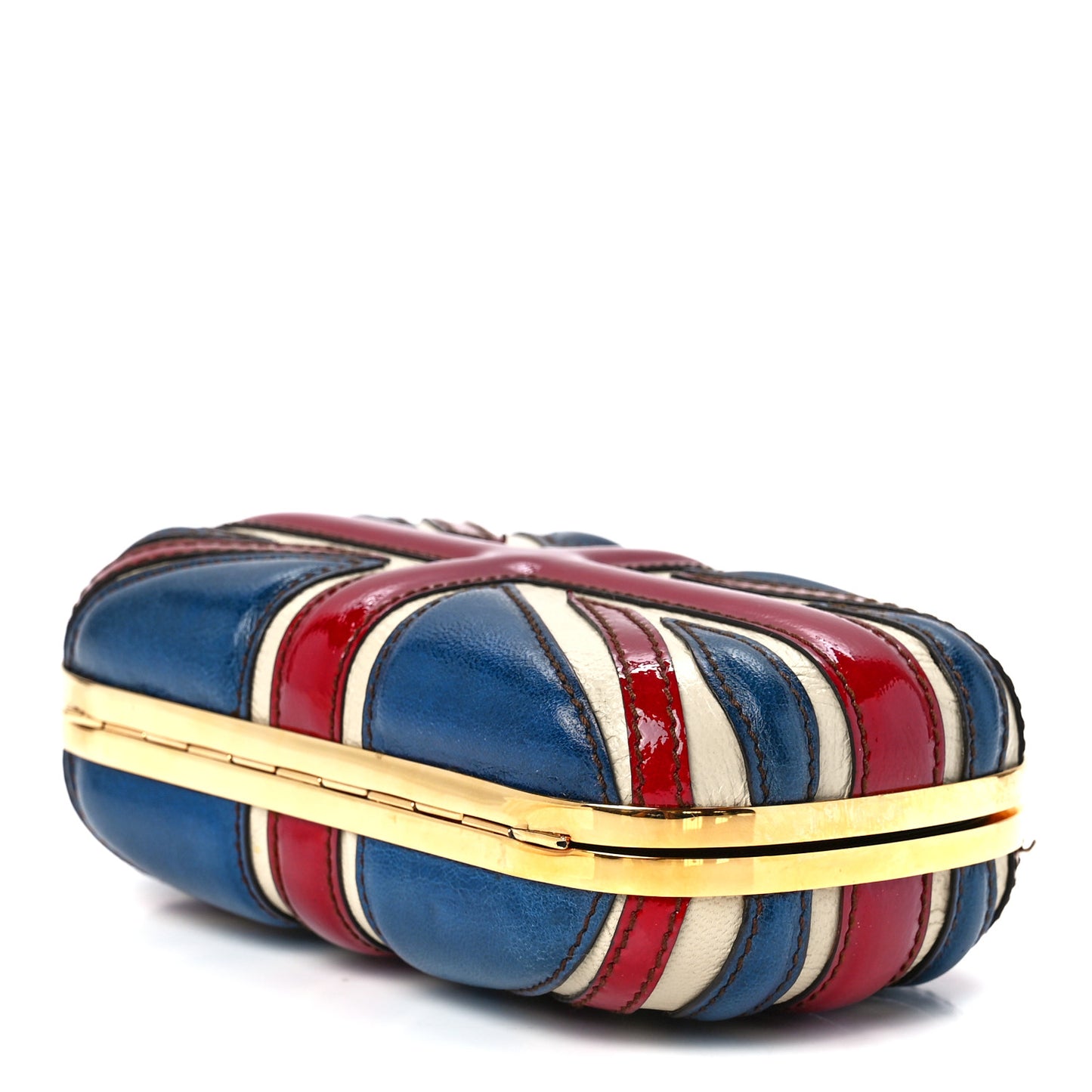 Patent Calfskin Britannia Skull Box Clutch Red Blue