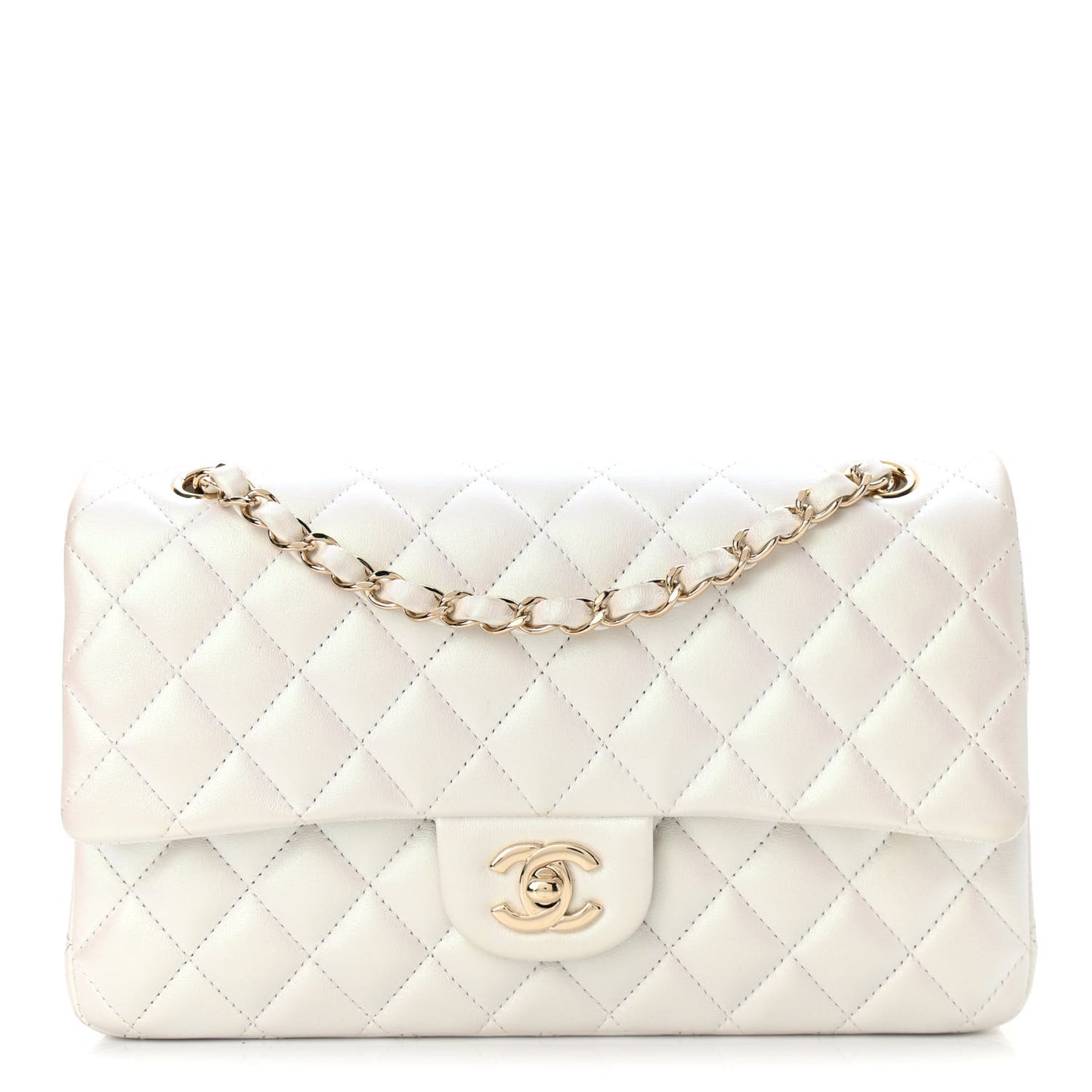 Iridescent Calfskin Quilted Medium Double Flap White