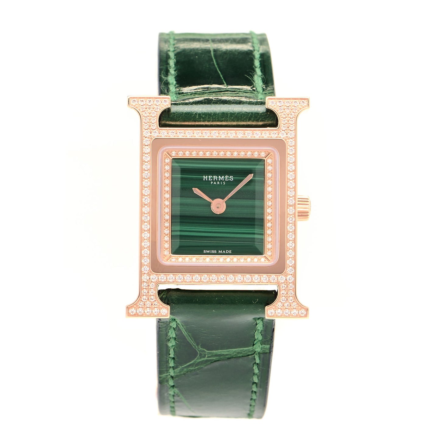 18K Rose Gold Alligator Diamond Bezel Malachite 21mm Heure H Hour Quartz Watch Vert Moyen