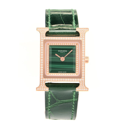 Hermes 18K Rose Gold Alligator Diamond Bezel Malachite 21mm Heure H Hour Quartz Watch Vert Moyen 1 of 5
