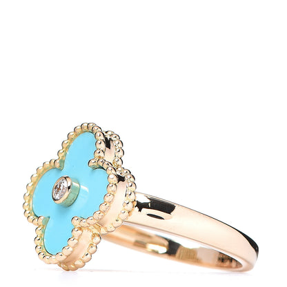 Van Cleef & Arpels 18K Yellow Gold Turquoise Diamond Vintage Alhambra Ring 52 6 2 of 5