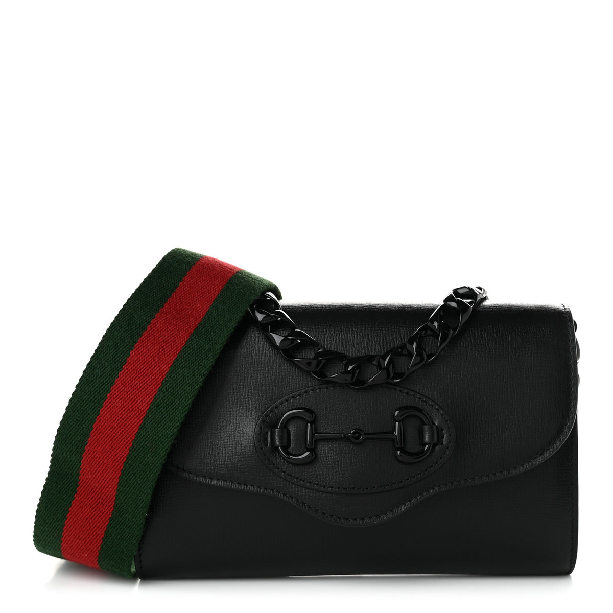 Glazed Textured Calfskin Web Monochrome Mini Horsebit 1955 Chain Shoulder Bag Black