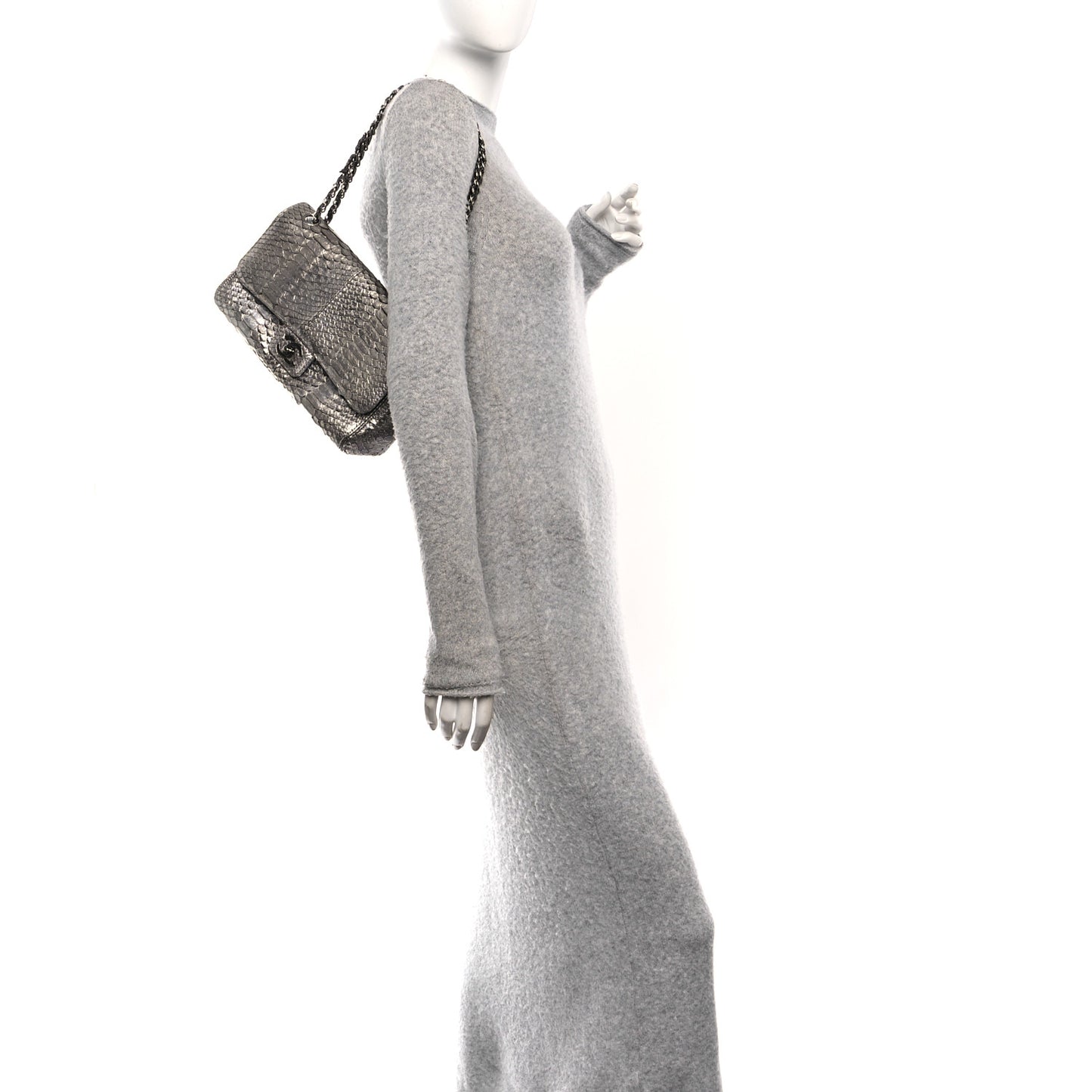 Metallic Snakeskin Medium Single Flap Silver