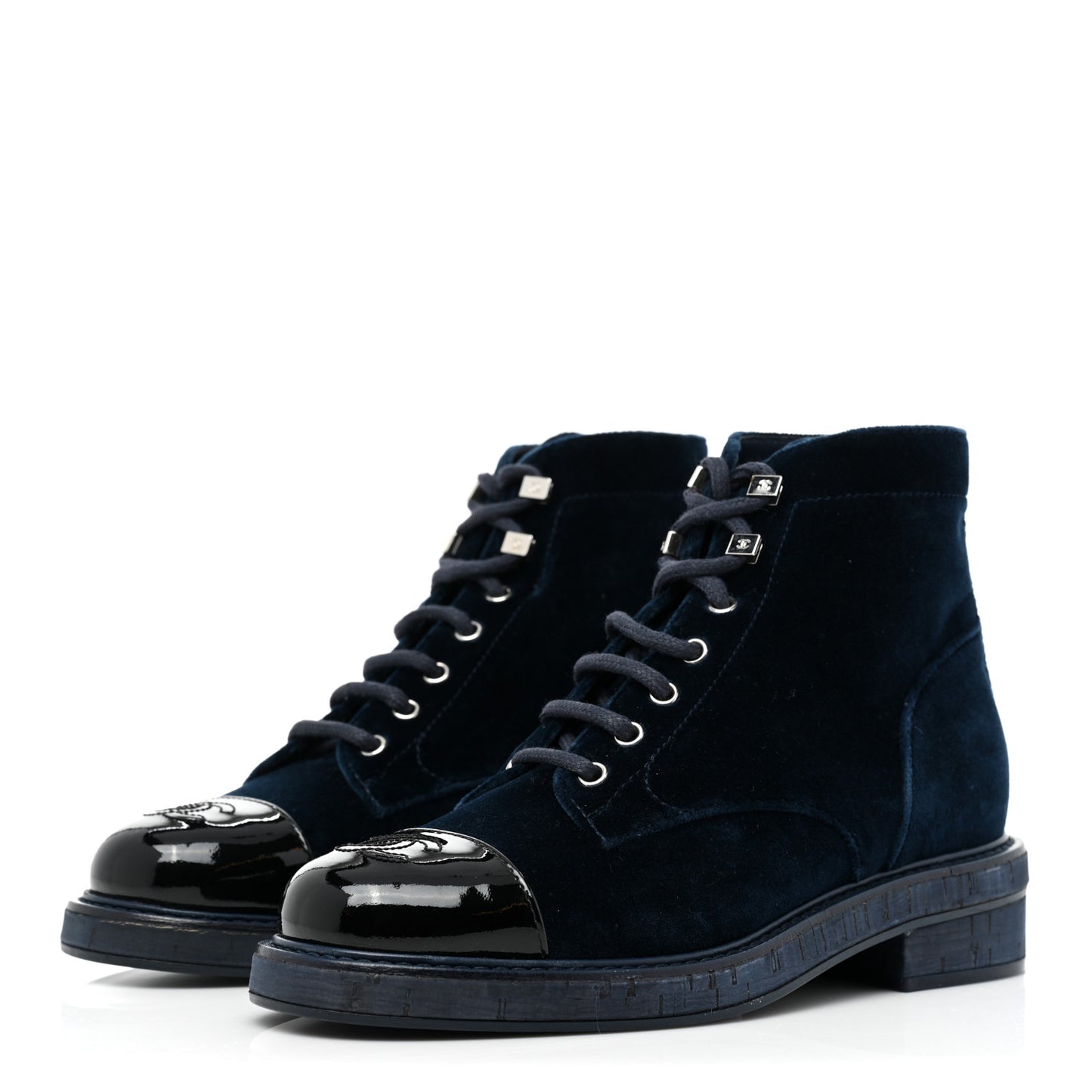 Velvet Patent Cap Toe CC Lace Up Combat Boots 37 Blue Black