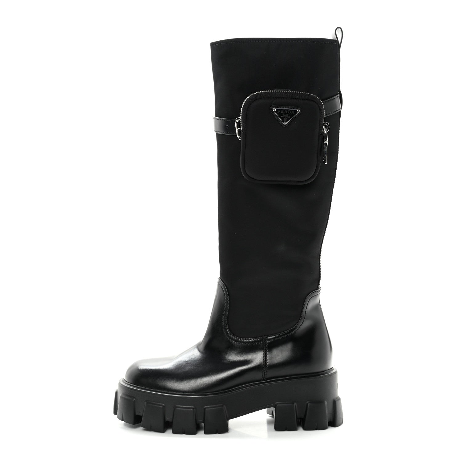 Prada Spazzolato Rois Re-Nylon Metal Triangle Logo Monolith Pouch Pocket 55mm Tall Boots 37 Black 1 of 9